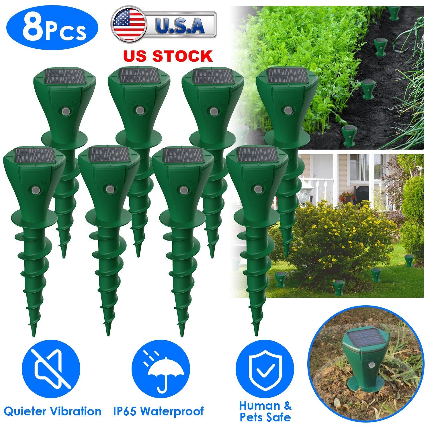 8-Pack Solar Mole Repellent Stakes – Waterproof Vibration