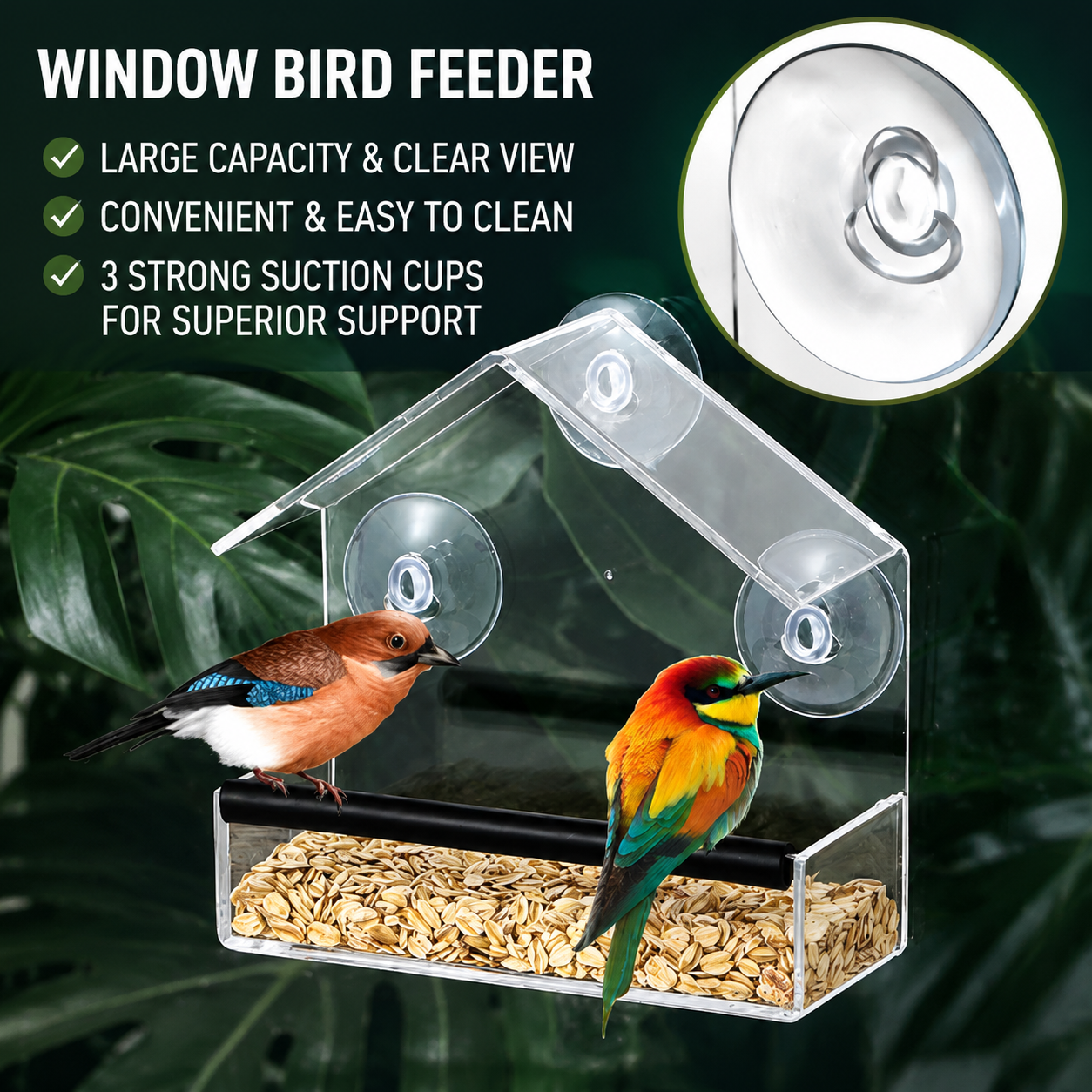 Clear View Window Bird Feeder for Bird Watching with Suction Cups