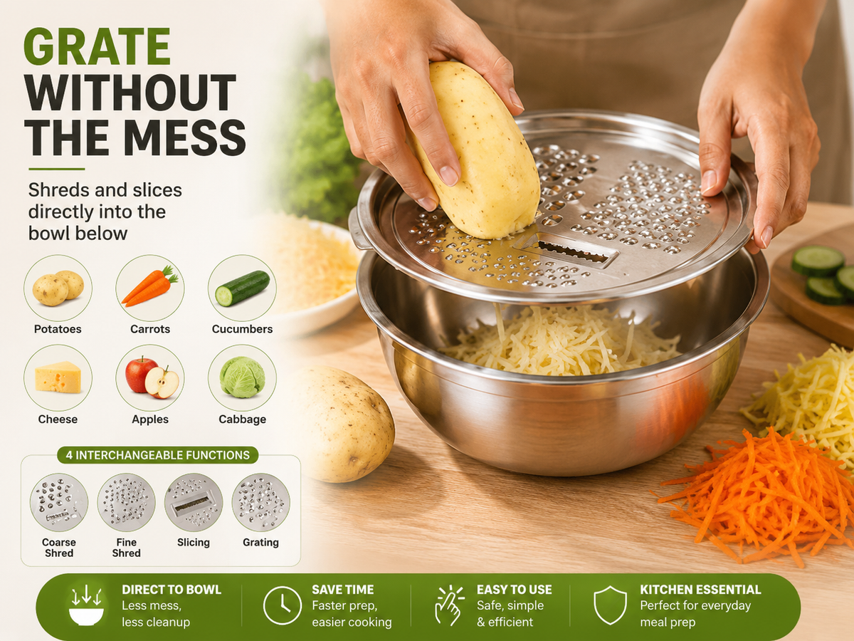 3-in-1 Stainless Steel Grater Bowl with Colander