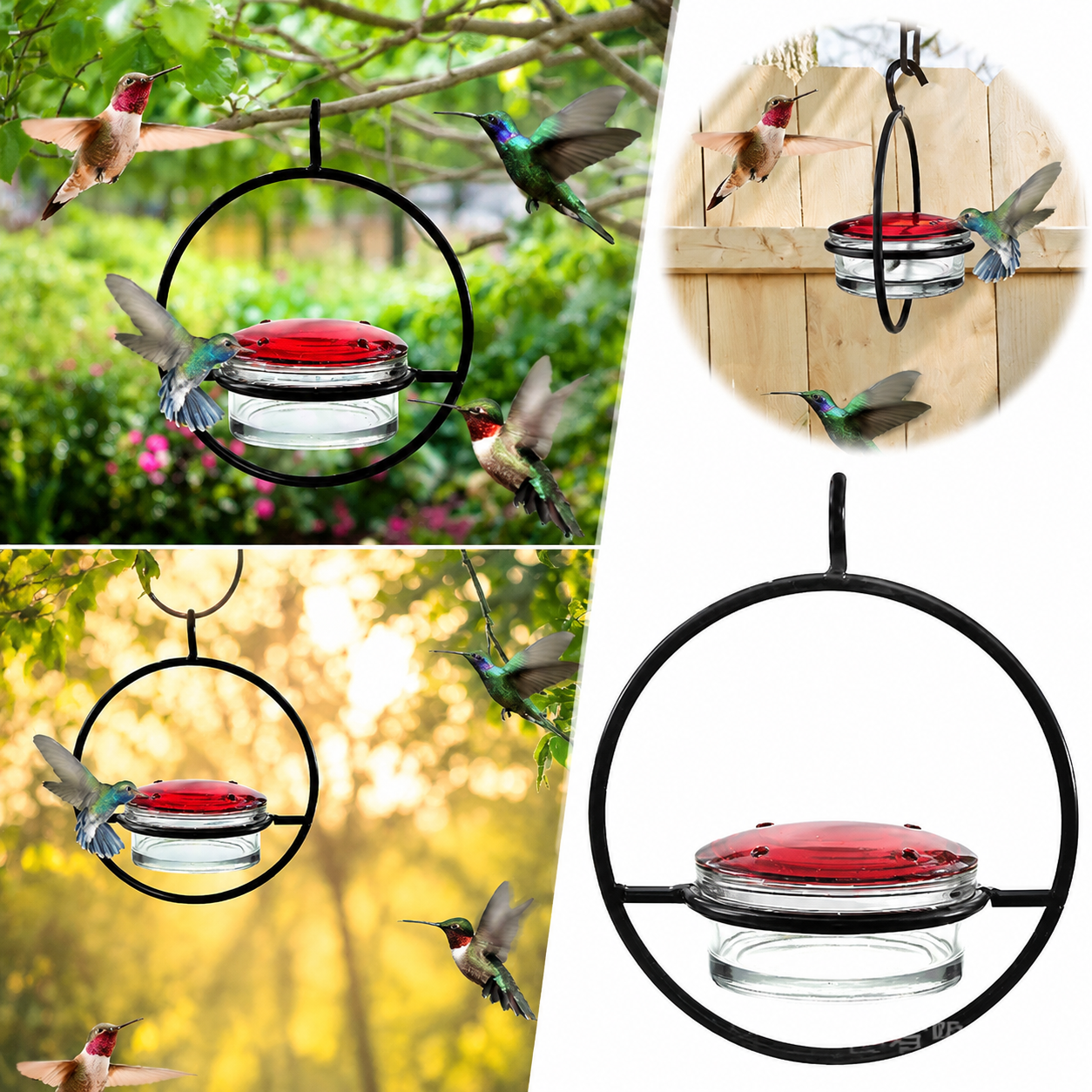 Black Steel Hummingbird Feeder with Clear Bowl for Outdoor Garden