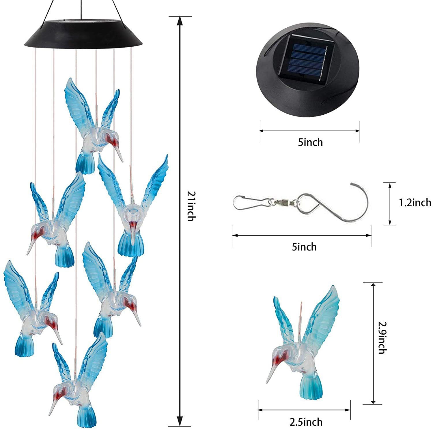 Solar Wind Chimes - Color Changing LED Hummingbird Lights for Garden & Patio Decoration