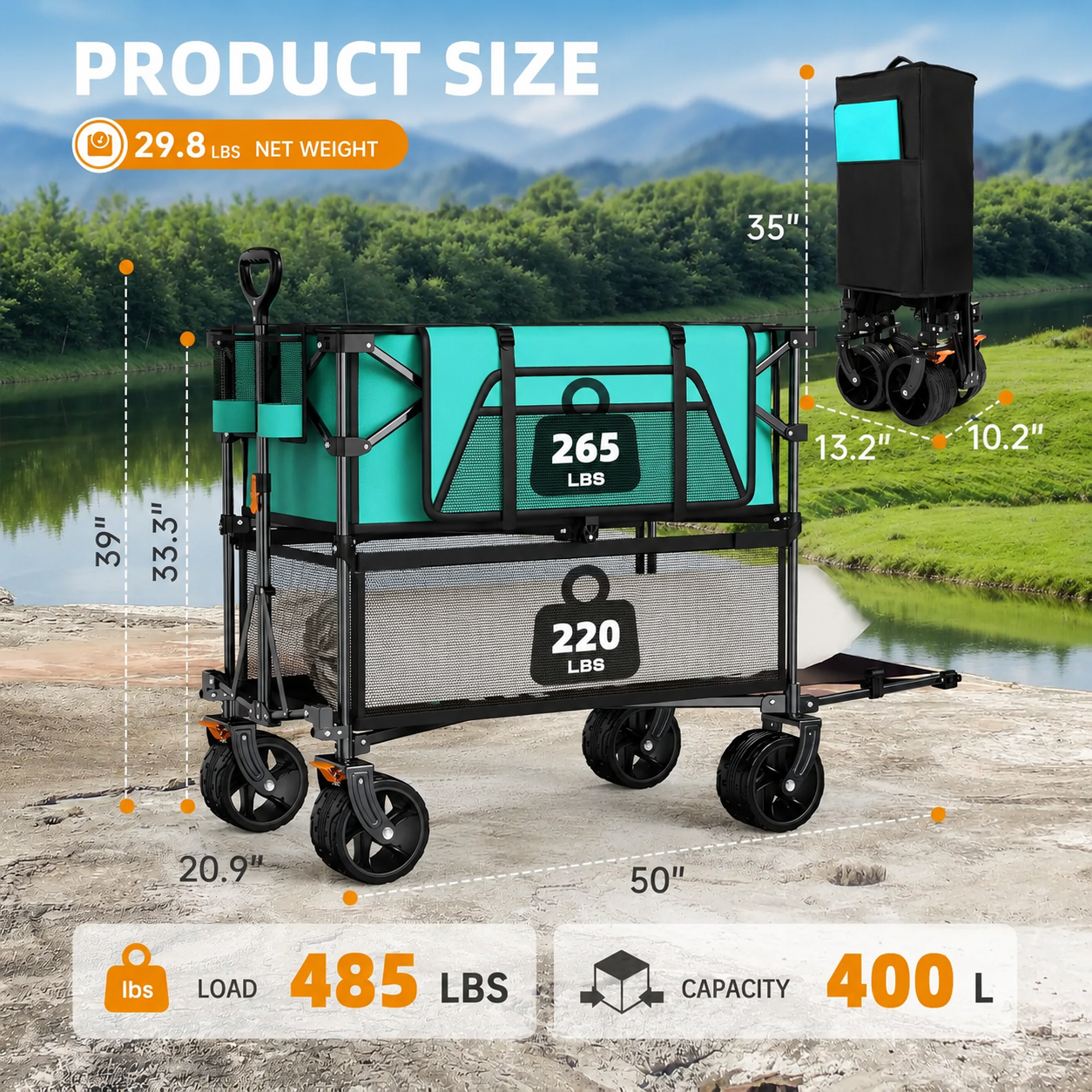 50'' Double Decker Foldable Wagon Cart with Big Wheels 400L