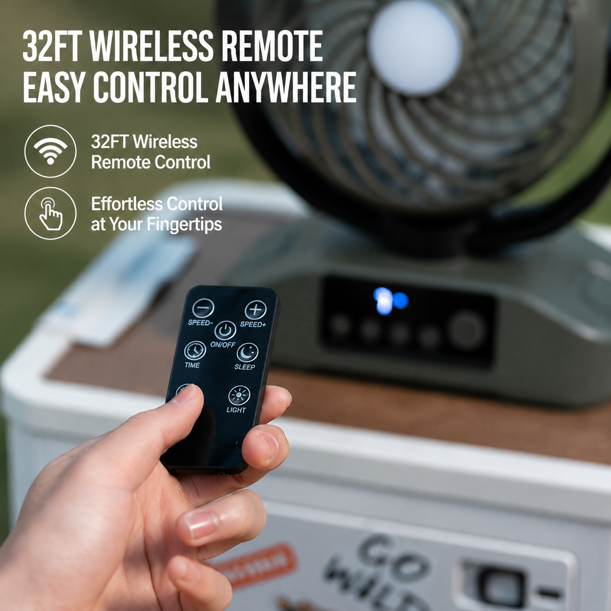 Portable Cooling Fan with LED Light, Remote Control & 5 Speeds