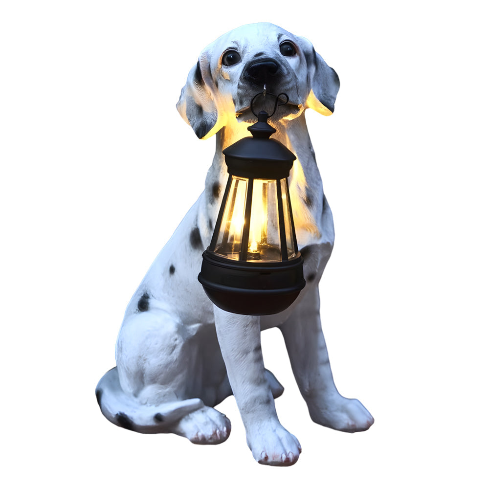 Resin Dog Statue with Solar Lantern, Outdoor Garden Decor Light