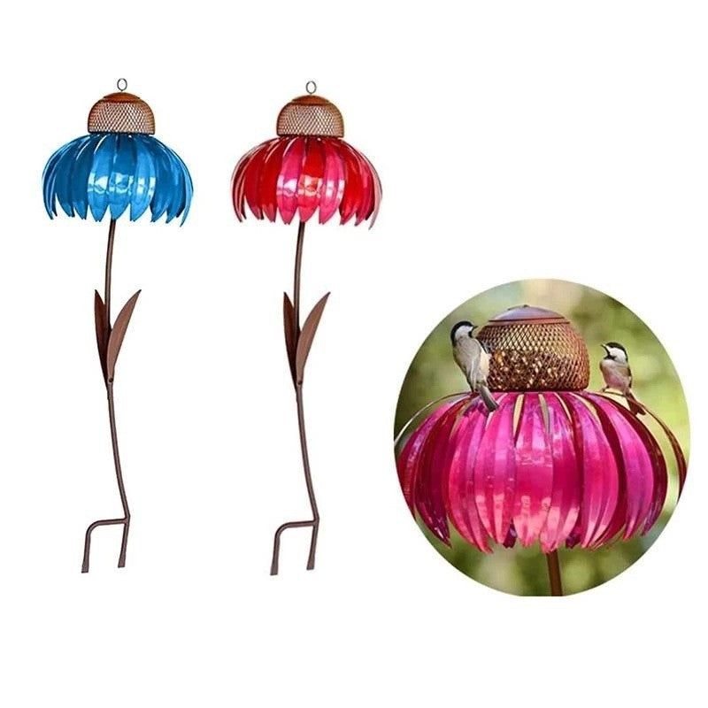 Metal Sunflower Bird Feeder with Garden Stake, Pink Flower Design