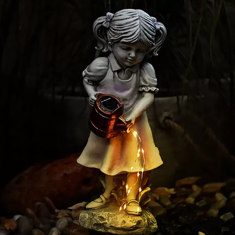 Hand Painted Girl with Solar Watering Can Garden Statue