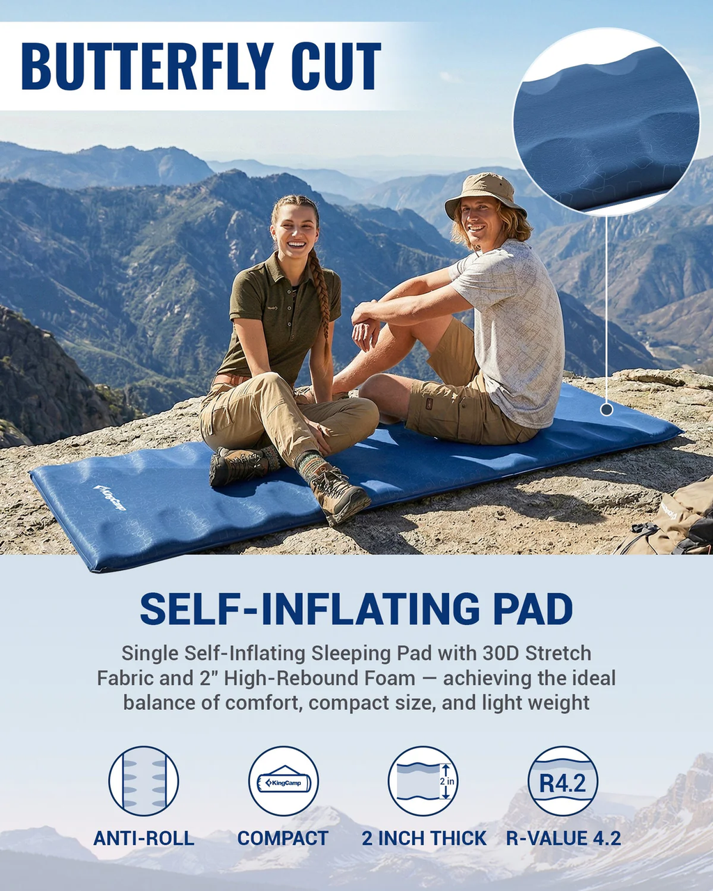 Self-Inflating Sleeping Pad with R-Value 4.2, Anti-Rollover Camping Mattress