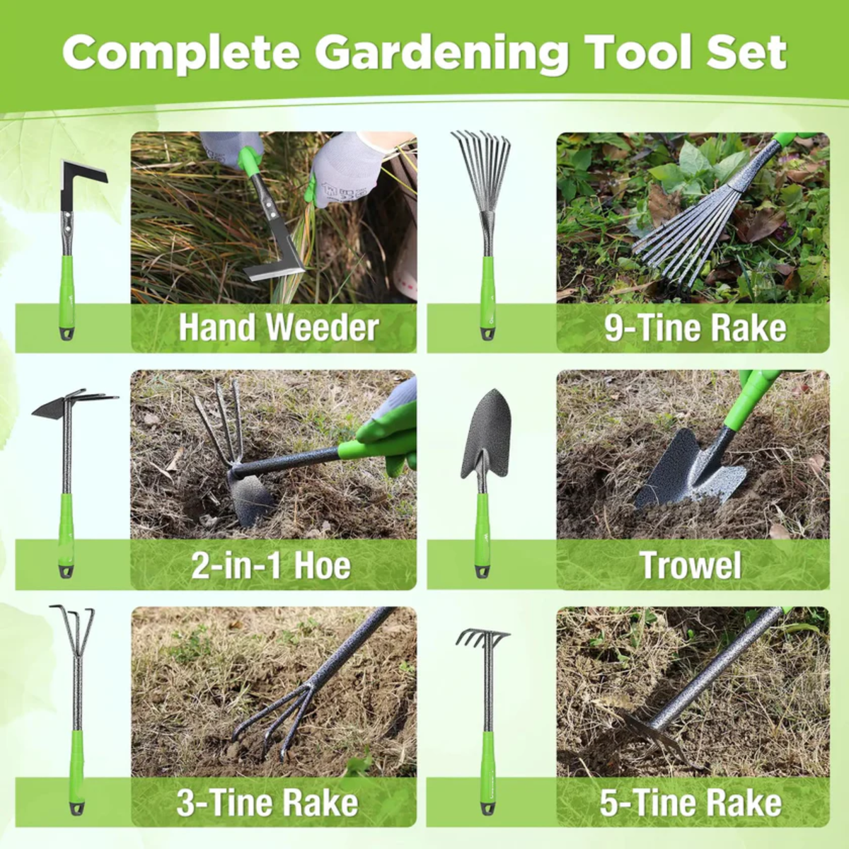 6-Piece Garden Tool Set with Green Handles for Home Gardening