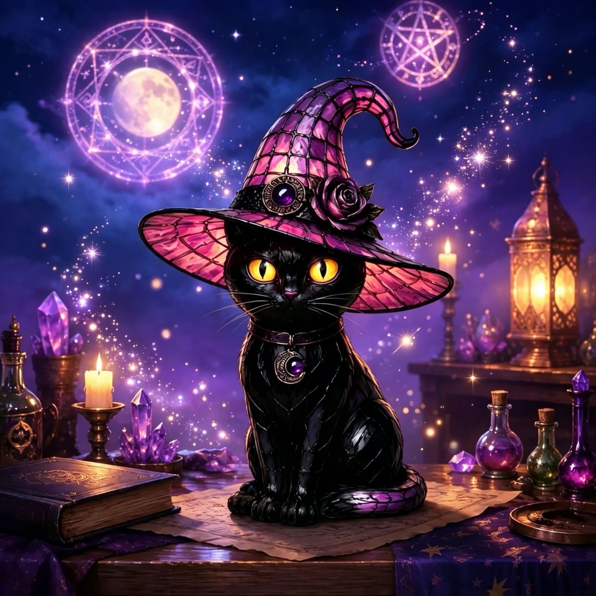 Halloween Gothic Black Cat Witch Hat Lamp, Stained Glass Style Decor