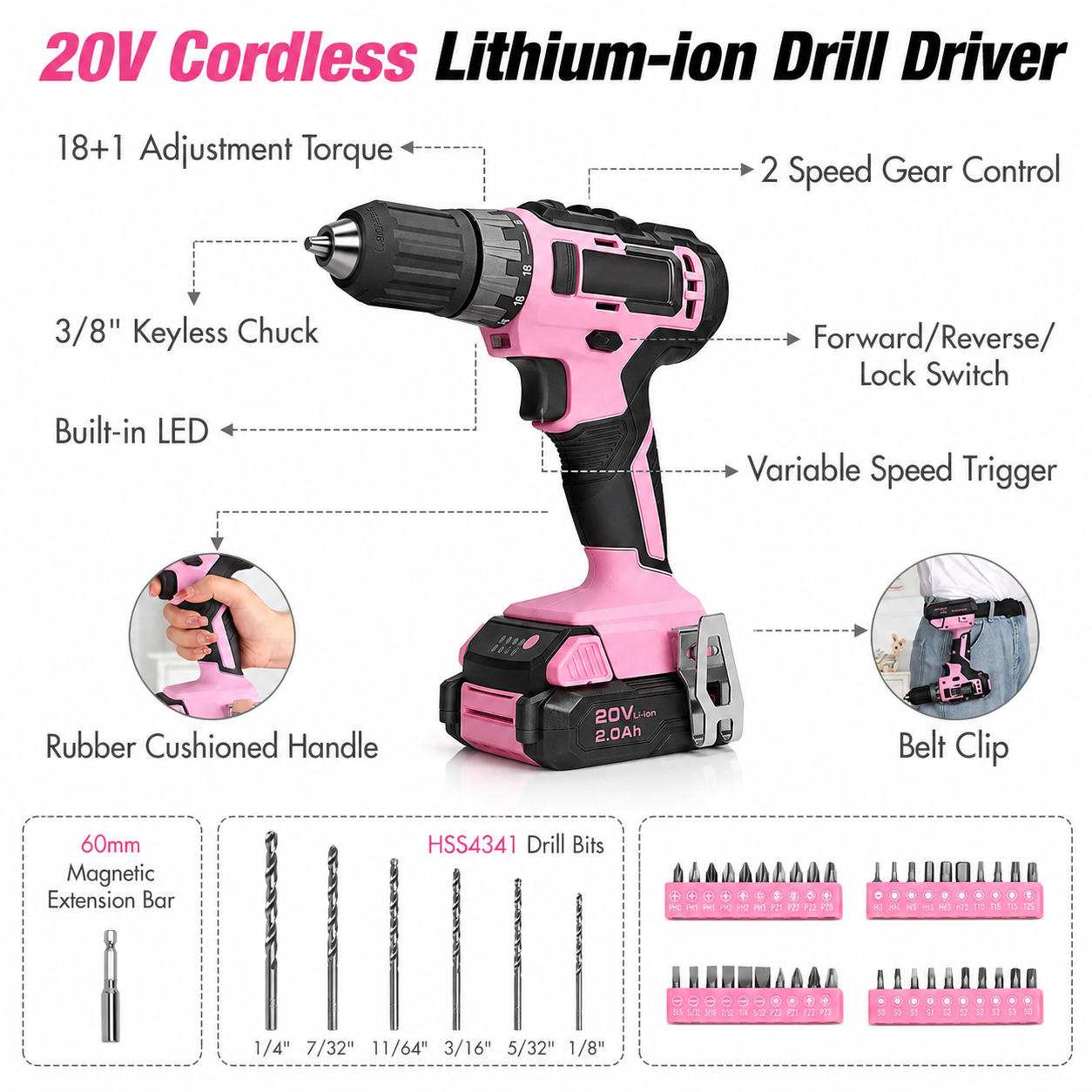 157 Pcs Household Tool Kit with 20V Cordless Lithium-ion Drill Driver