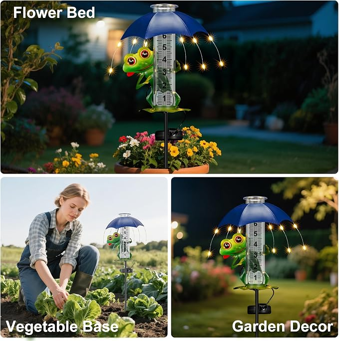 Rain Gauge Outdoor - Frog Rain Gauge with LED Solar Lights, Metal Water Gauge for Yard Garden Decor