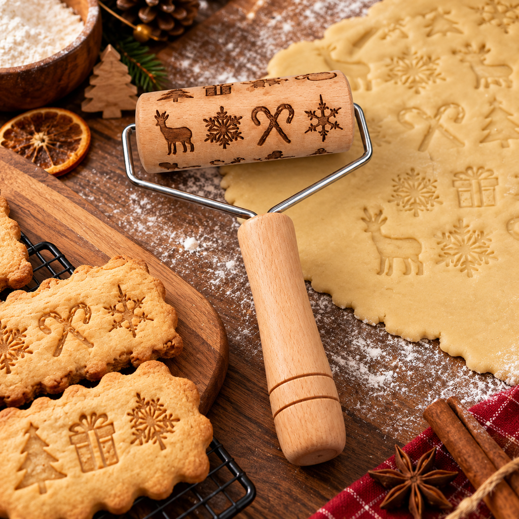 Wooden Embossing Rolling Pin for Cookies – Halloween & Christmas