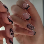 Black French Tip Leopard Print Press-On Nails – 24-Piece Short Square Set