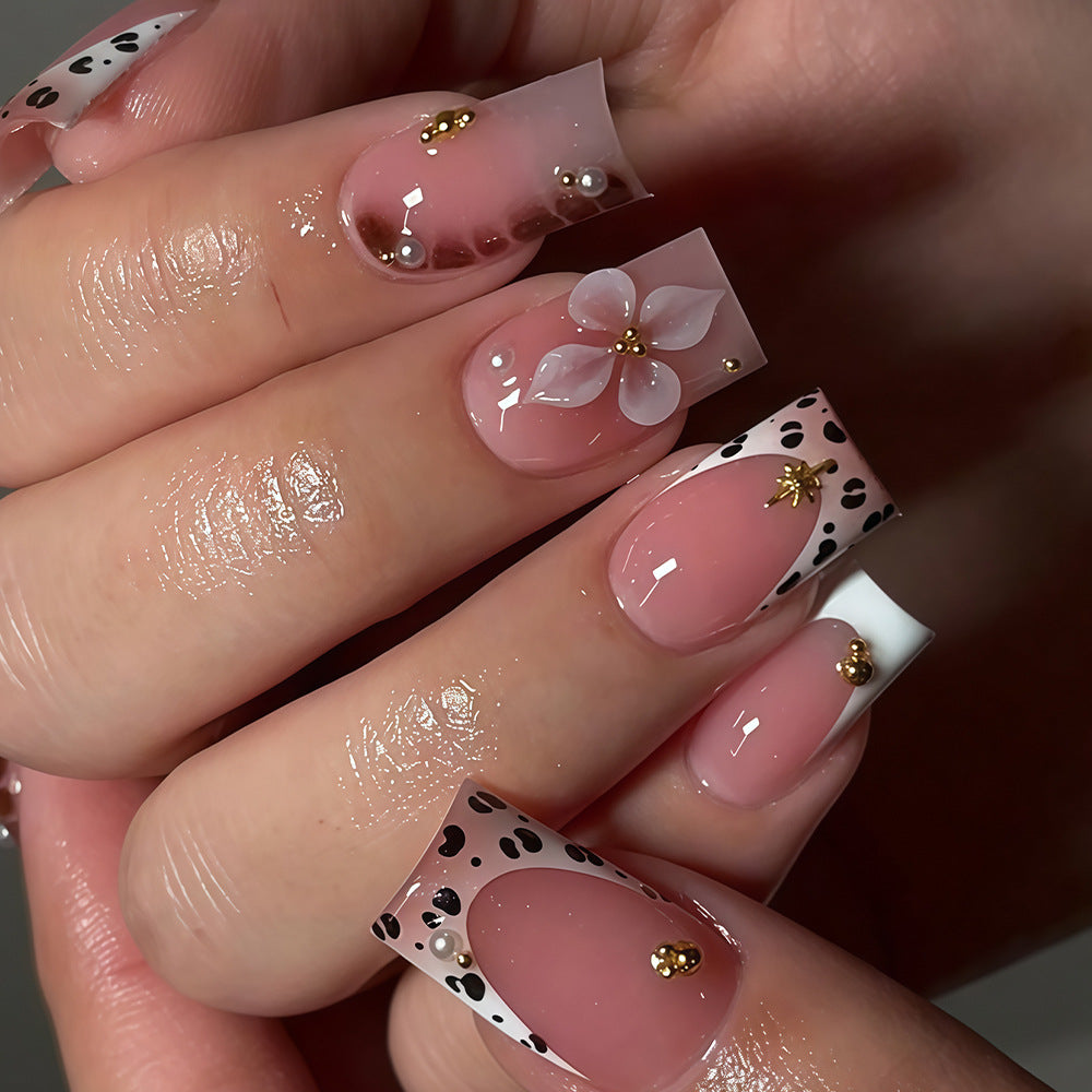 Cow Print French Short Square Press On Nails with 3D Flower | 24 Count