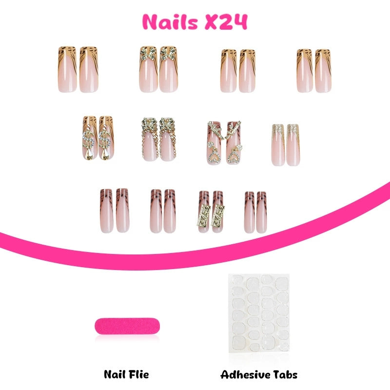 Gold 3D Floral French Long Almond Press-On Nails, 24-Pc Kit