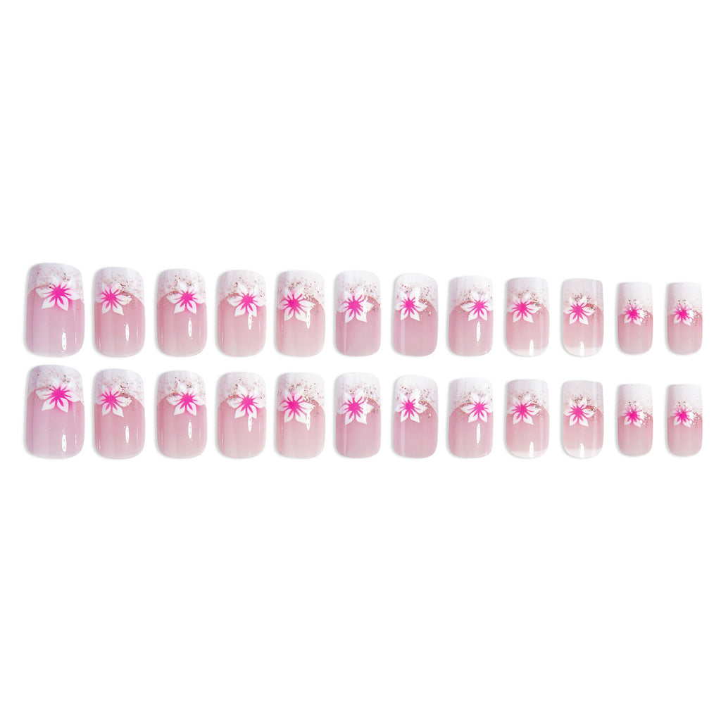 24-Piece Rose Pink Glitter Floral Square French Press-On Nails