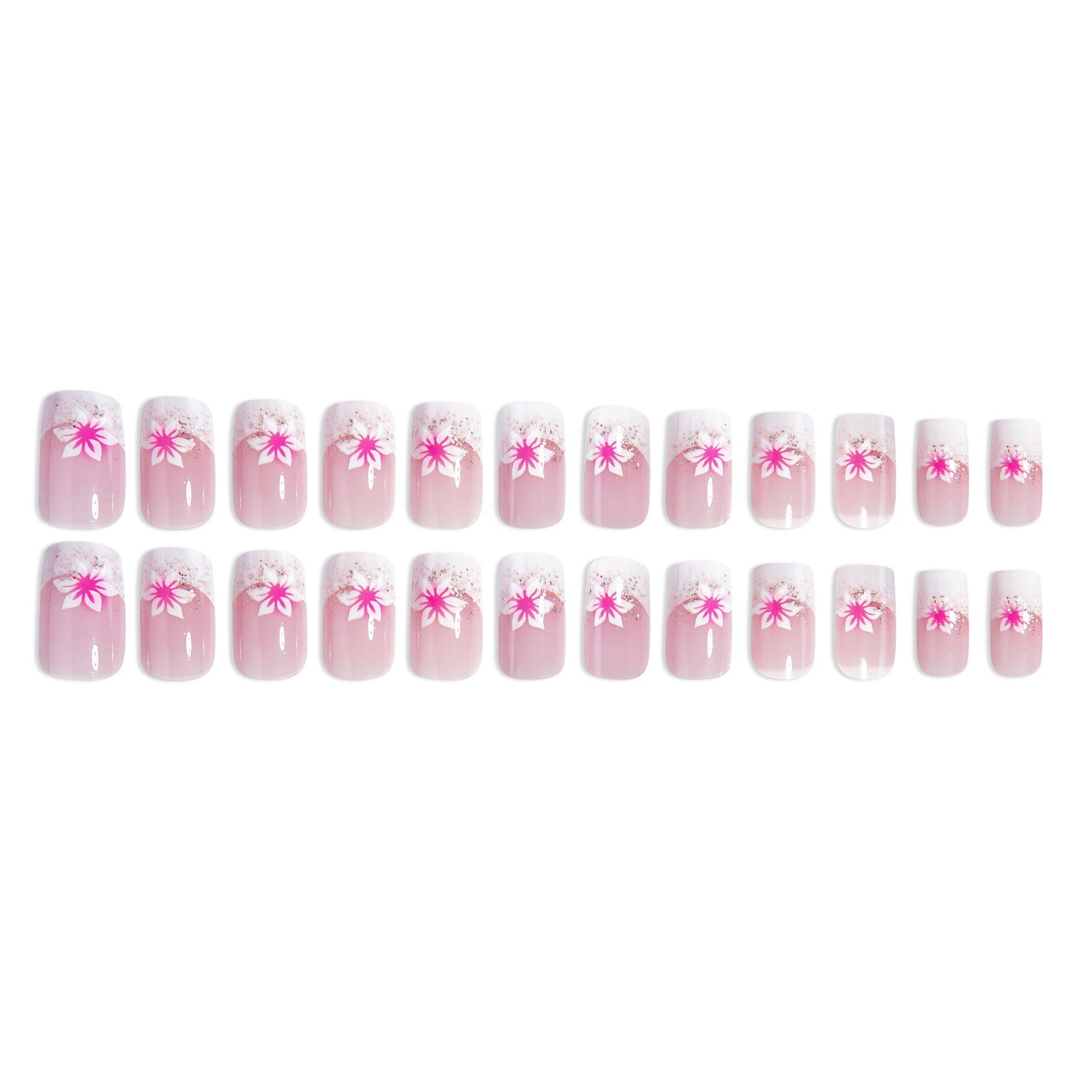 24-Piece Rose Pink Glitter Floral Square French Press-On Nails