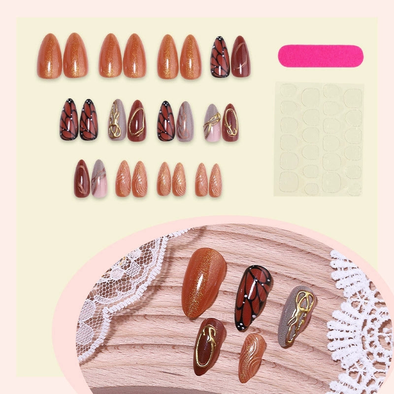 Brown Butterfly Press On Nails – Gold Chrome Medium Almond Design