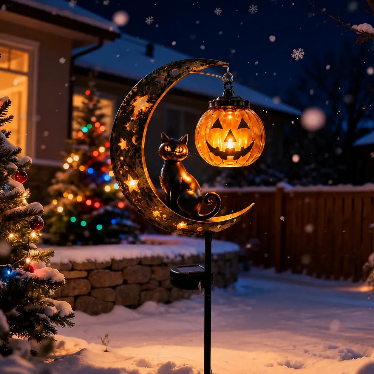 Solar Pumpkin Moon Garden Stake Light with Black Cat Halloween Decor