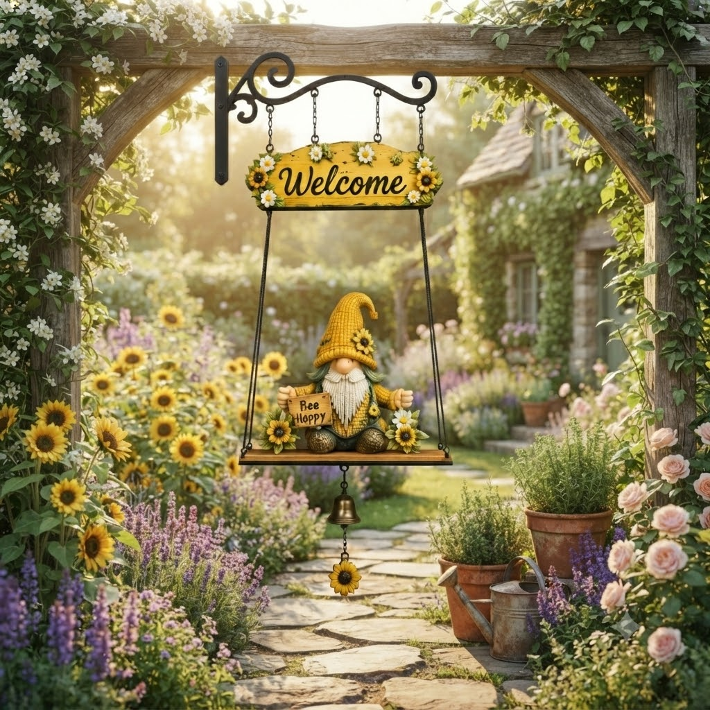 Farmhouse Hanging Welcome Sign with Gnome Decor for Front Door