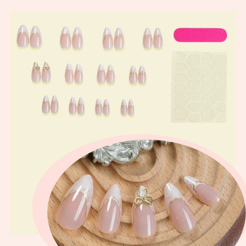 3D Gold Bow Marble French Short Almond Press-On Nails, 24-Pc Kit