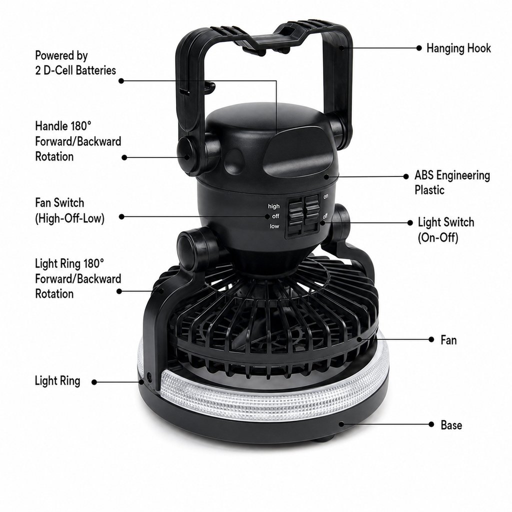 Portable Camping Fan with LED Light | Battery Powered Outdoor Fan