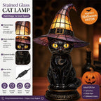 Halloween Gothic Black Cat Witch Hat Lamp, Stained Glass Style Decor