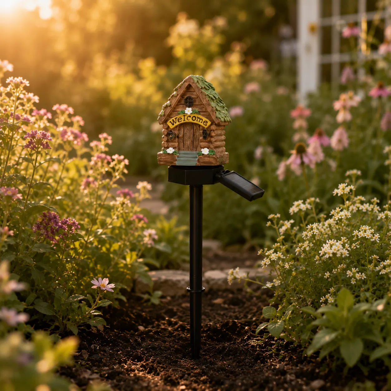 Solar Fairy Cottage Garden Stake Light with Warm LED & Hand-Sculpted Resin
