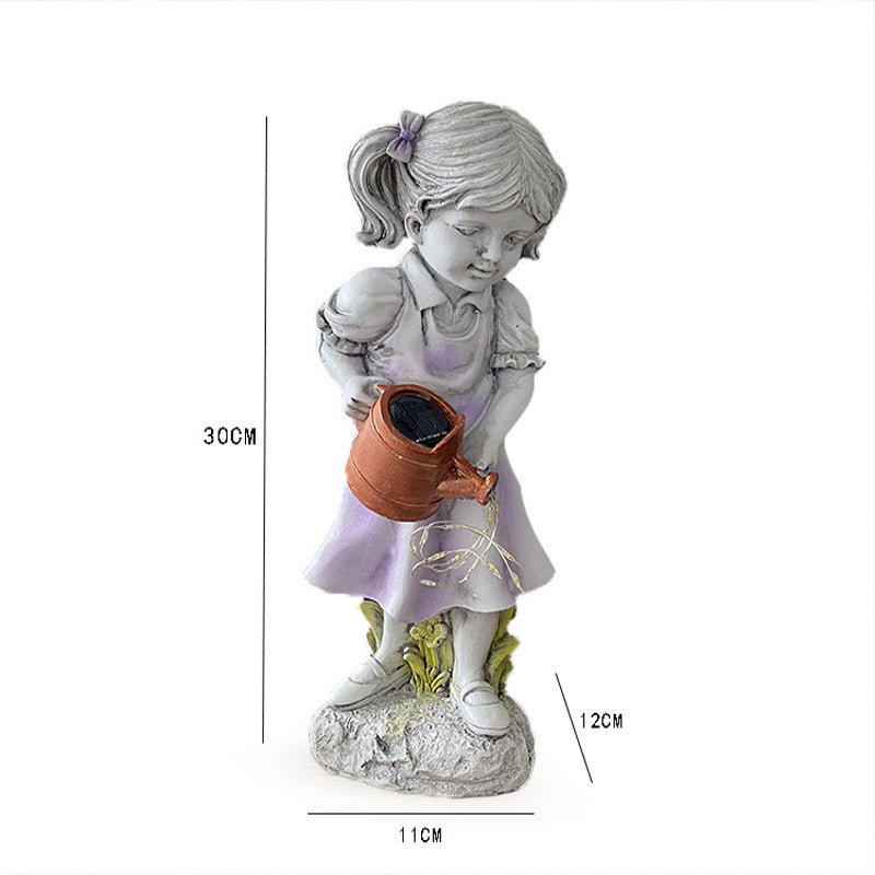 Hand Painted Girl with Solar Watering Can Garden Statue
