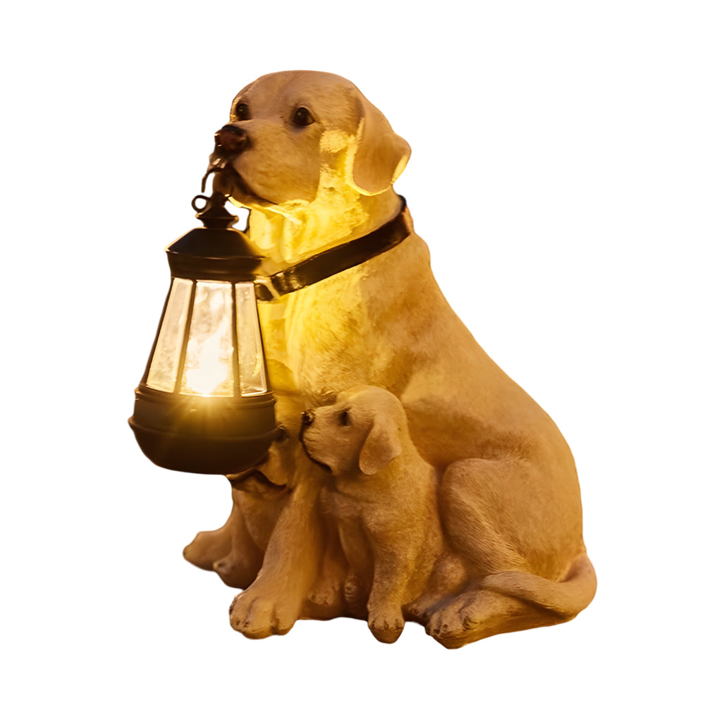 Resin Dog Statue with Solar Lantern, Outdoor Garden Decor Light