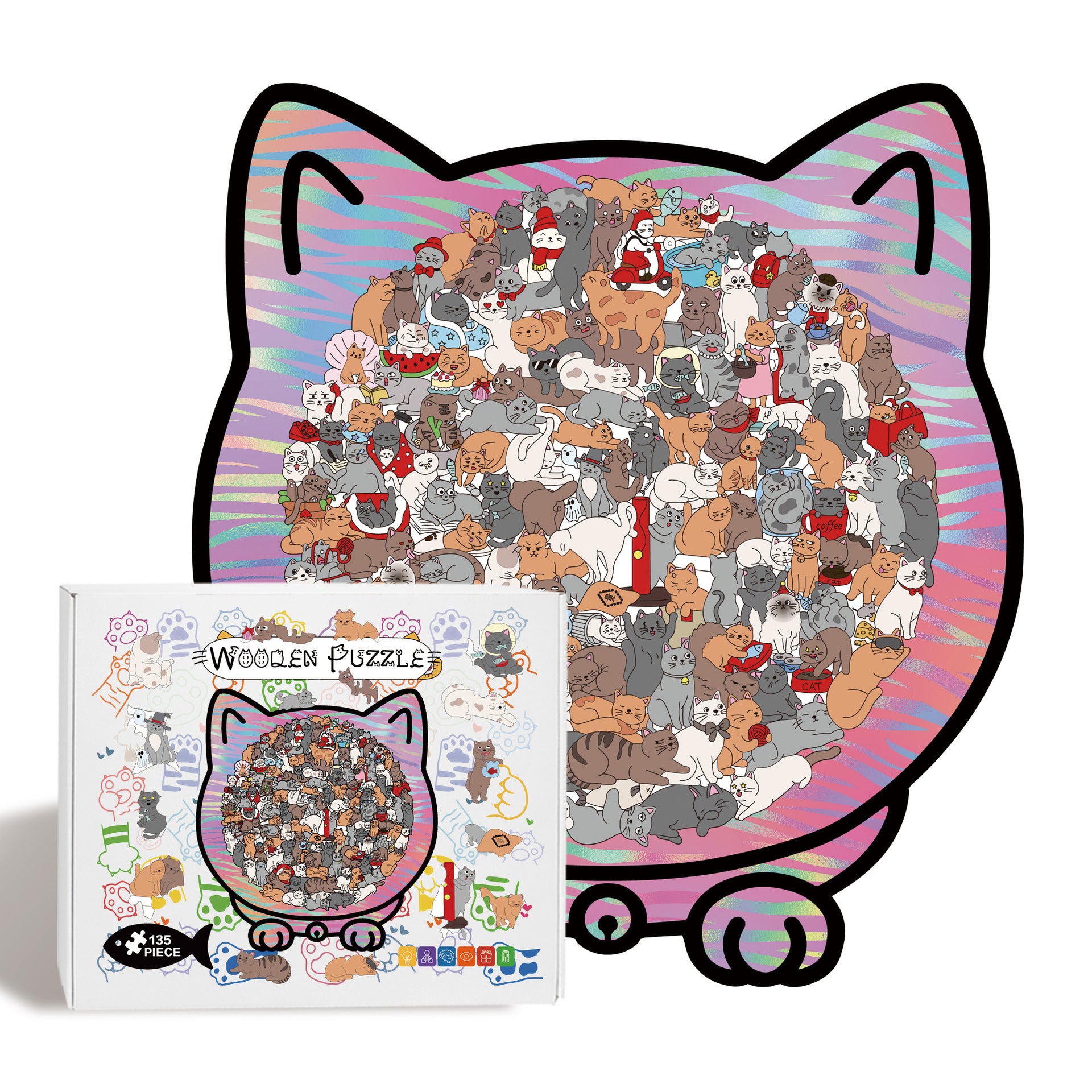 Morandi Colored Cat Shaped Wooden Jigsaw Puzzle