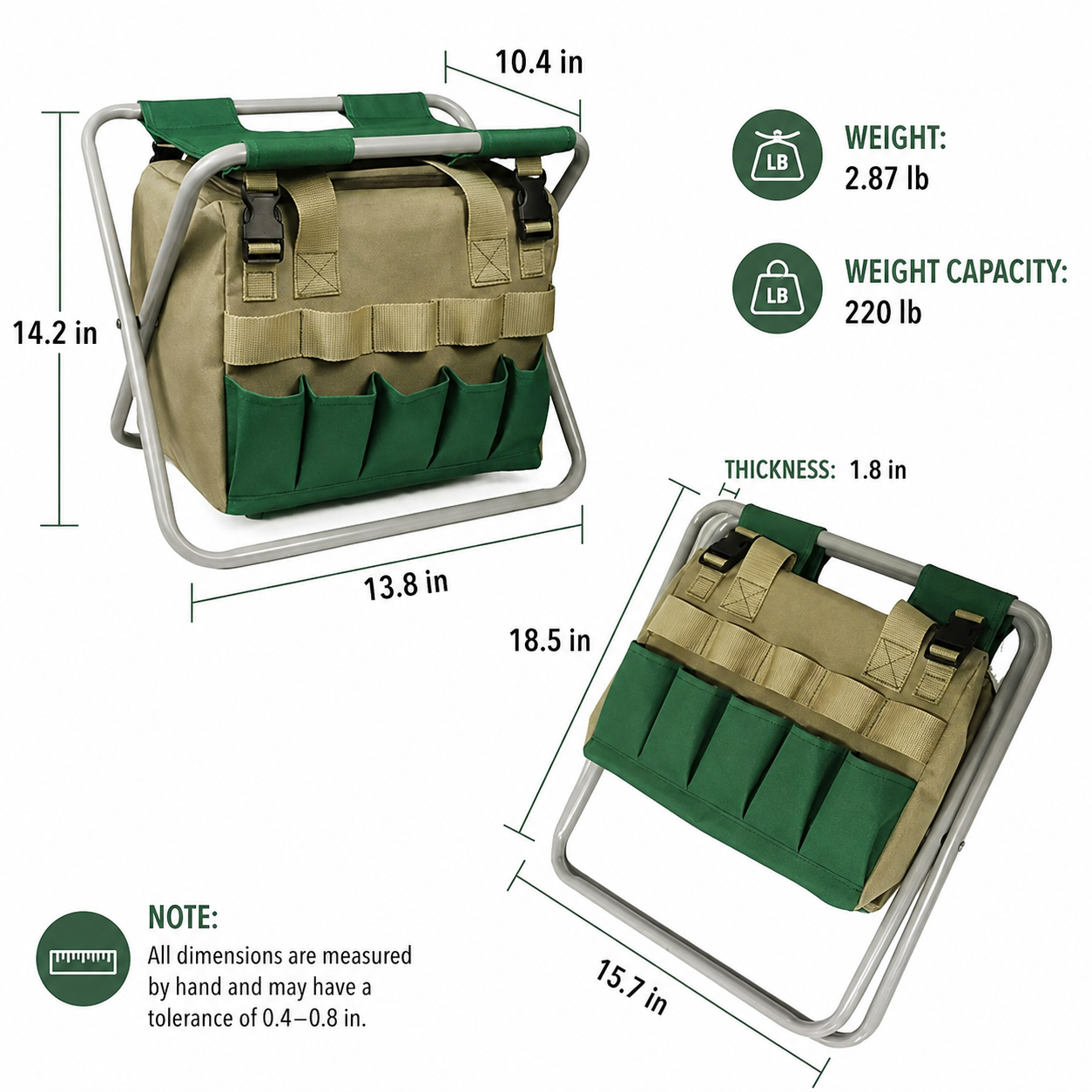 Foldable Garden Stool with Tool Bag and Storage Pockets