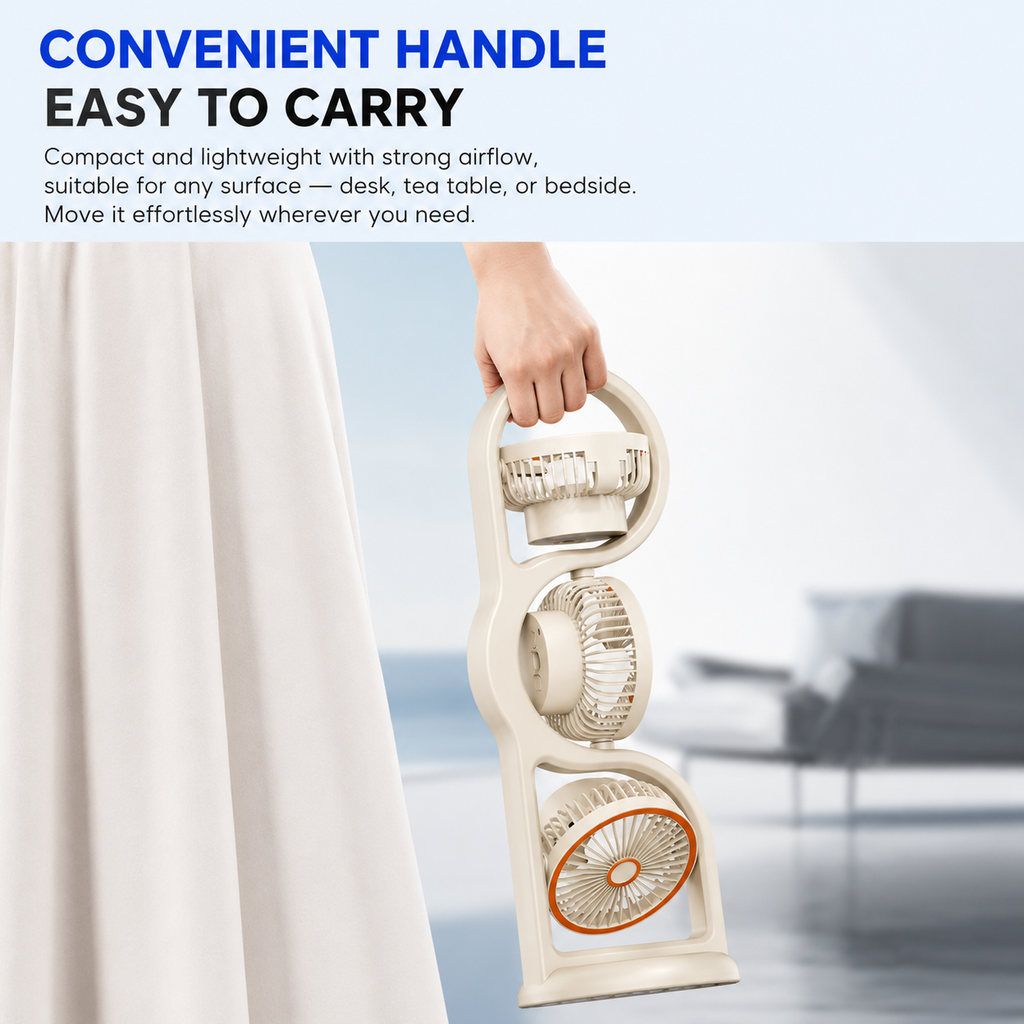 Portable Three Head Fan USB Rechargeable 5 Speed Cooling Fan