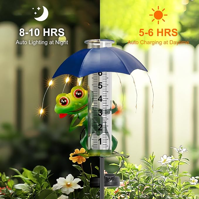 Rain Gauge Outdoor - Frog Rain Gauge with LED Solar Lights, Metal Water Gauge for Yard Garden Decor