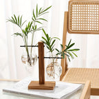 Glass Vase with Wooden Stand, Decorative Tabletop Flower Vase