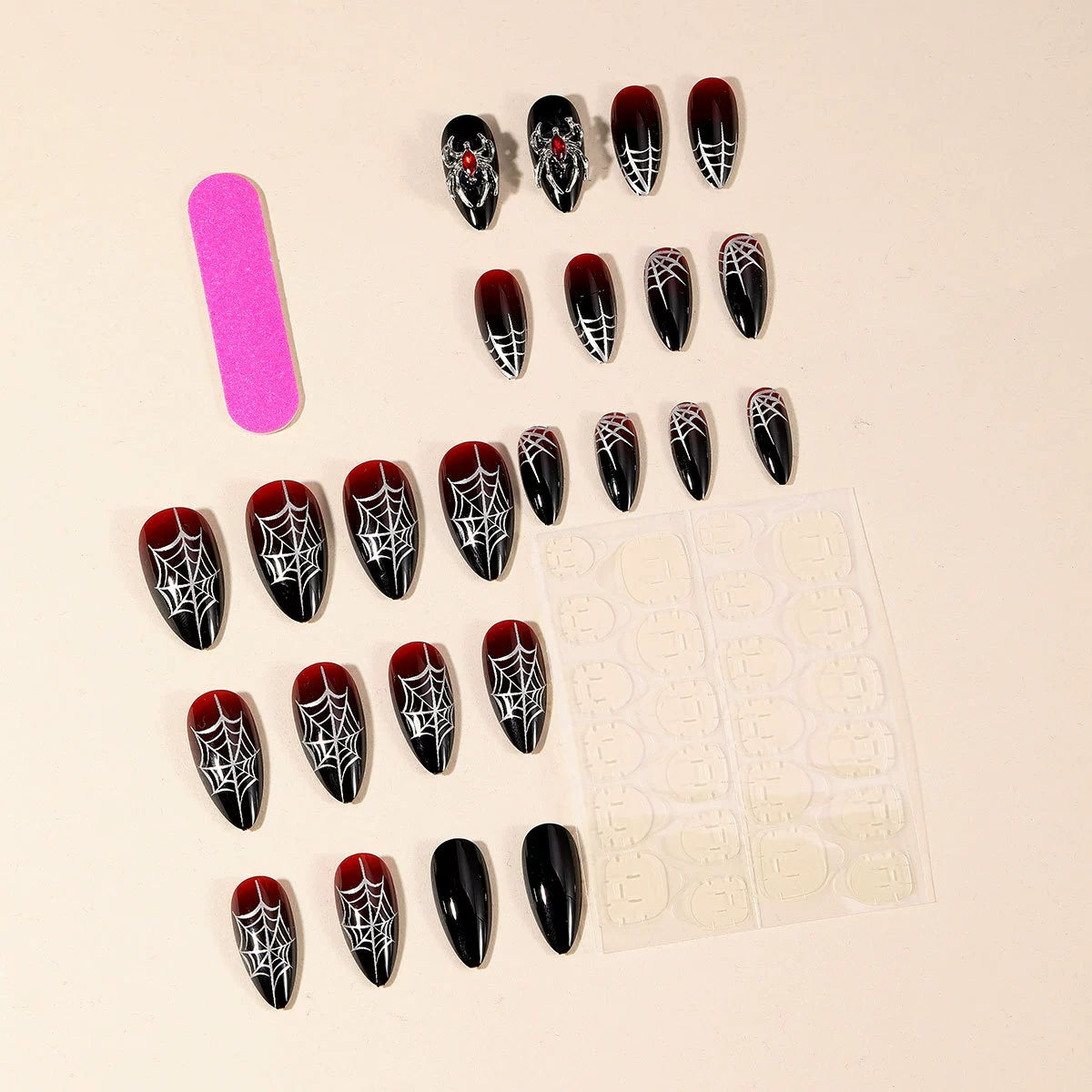 Halloween Black-and-Red Spiderweb Medium Almond Press-On Nails, 24-Pc