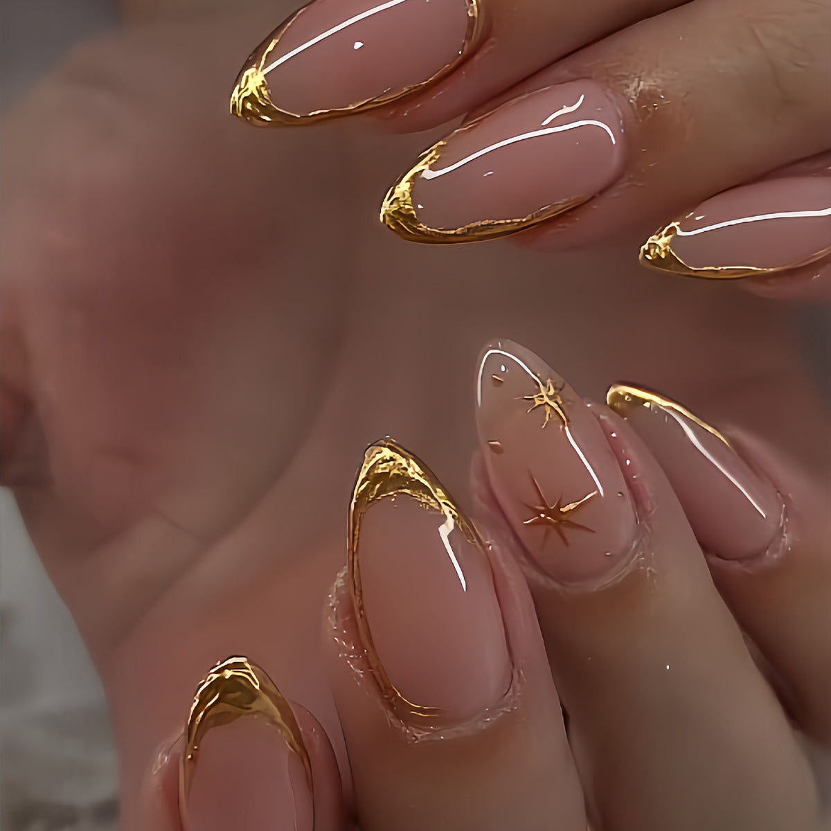 24-Piece French Gold Starburst Short Almond Press-On Nails