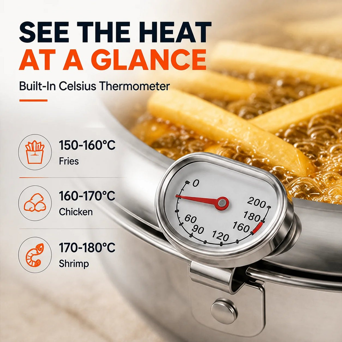 304 Stainless Steel Deep Fryer Pot with Thermometer & Drain Rack