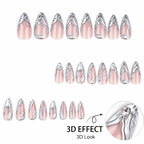 Silver 3D French Long Teardrop Press-On Nails, 24 Pcs + Glue