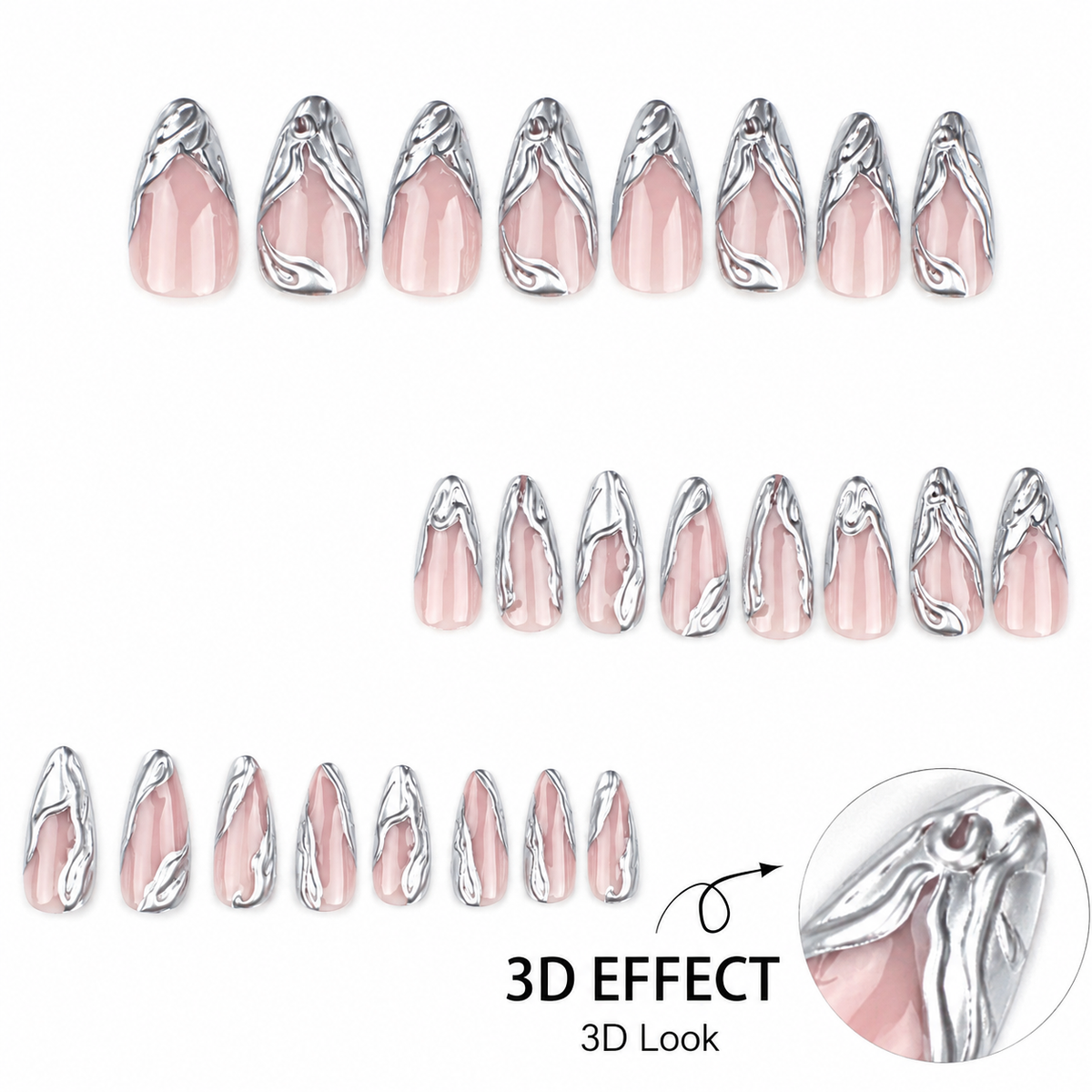 Silver 3D French Long Teardrop Press-On Nails, 24 Pcs + Glue