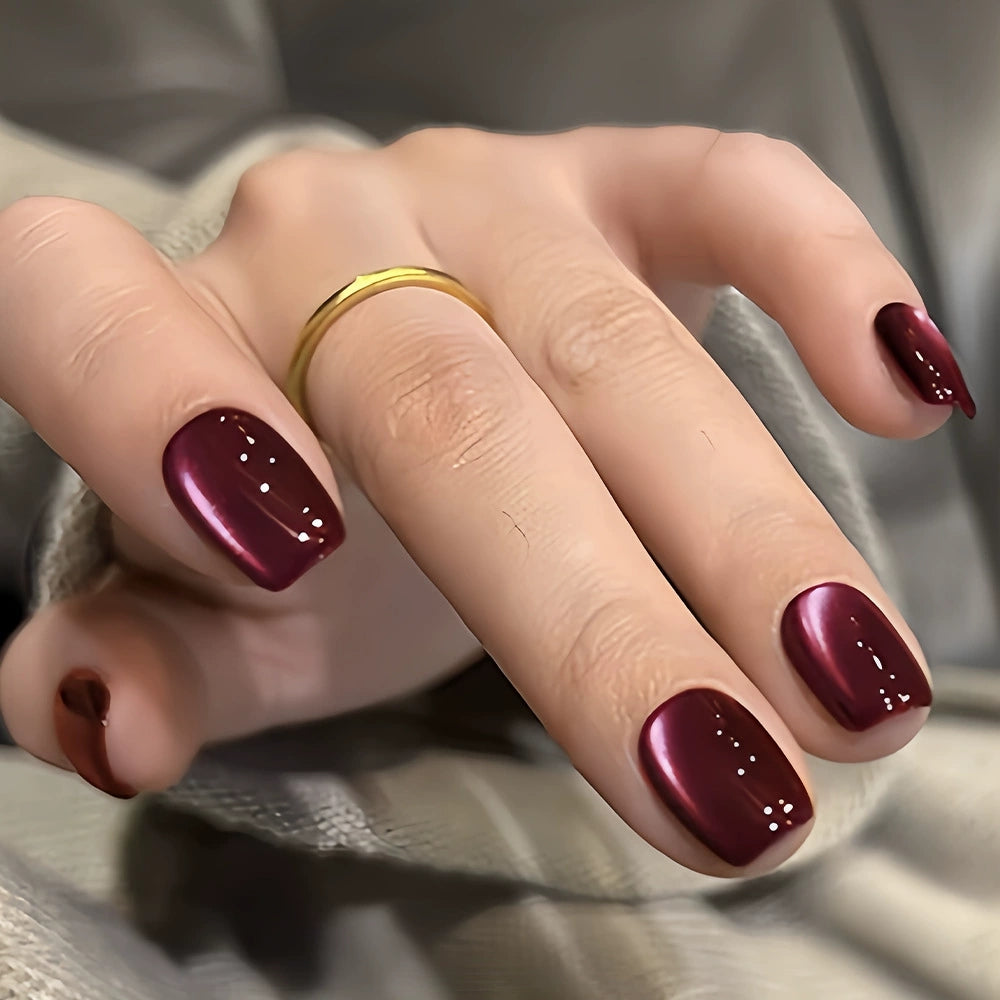 Glossy Wine Red Cat Eye Medium-Short Square Press-On Nails, 24-Pc Kit
