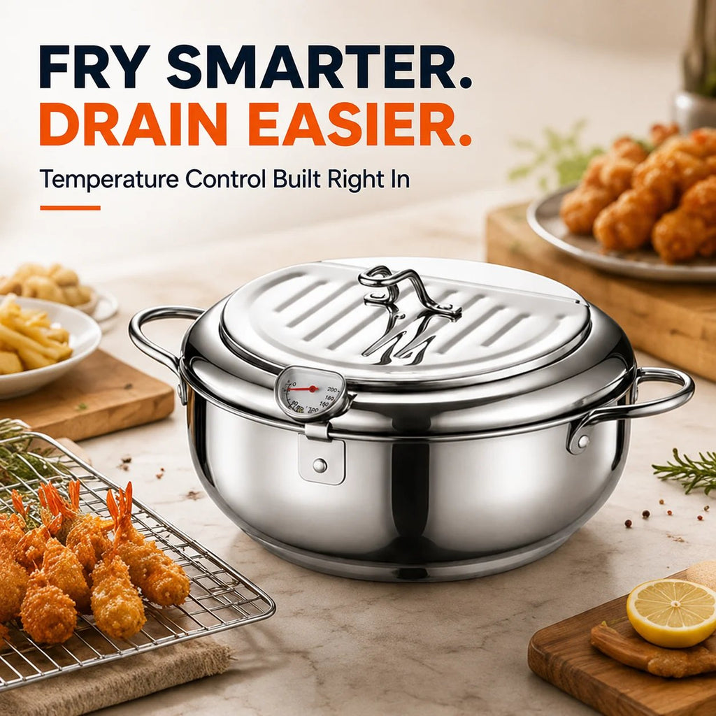 304 Stainless Steel Deep Fryer Pot with Thermometer & Drain Rack