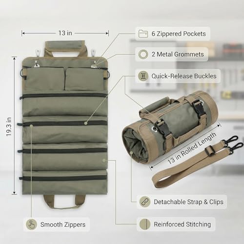 Hanging Tool Bag with 6 Zipper Pockets for Garage & Workshop