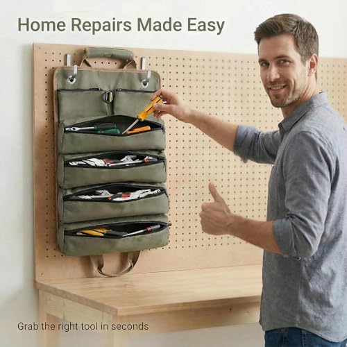 Hanging Tool Bag with 6 Zipper Pockets for Garage & Workshop