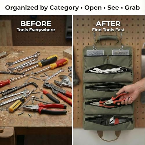 Hanging Tool Bag with 6 Zipper Pockets for Garage & Workshop