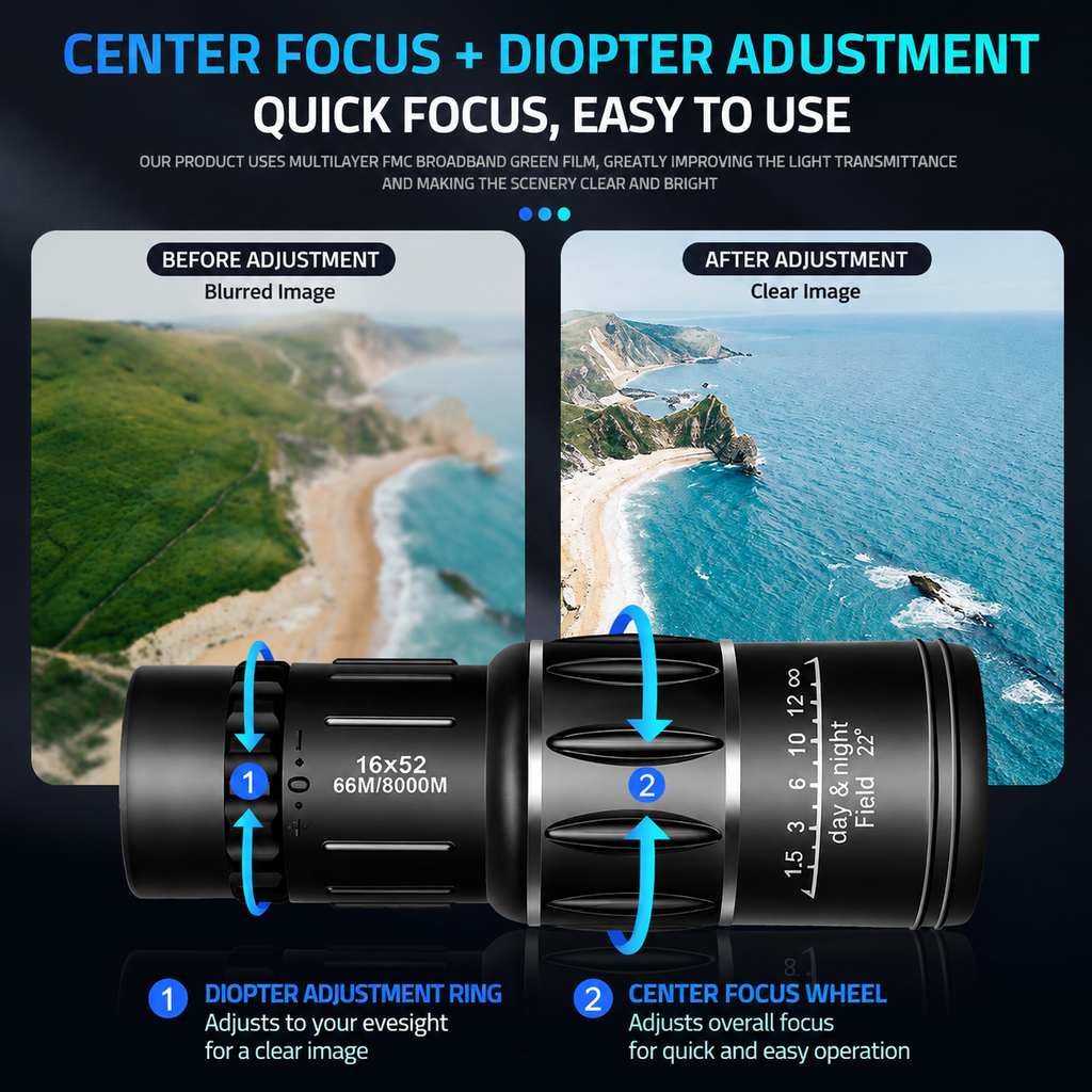 16x52 Compact Monocular Telescope with Zoom for Wildlife Viewing & Outdoor Travel