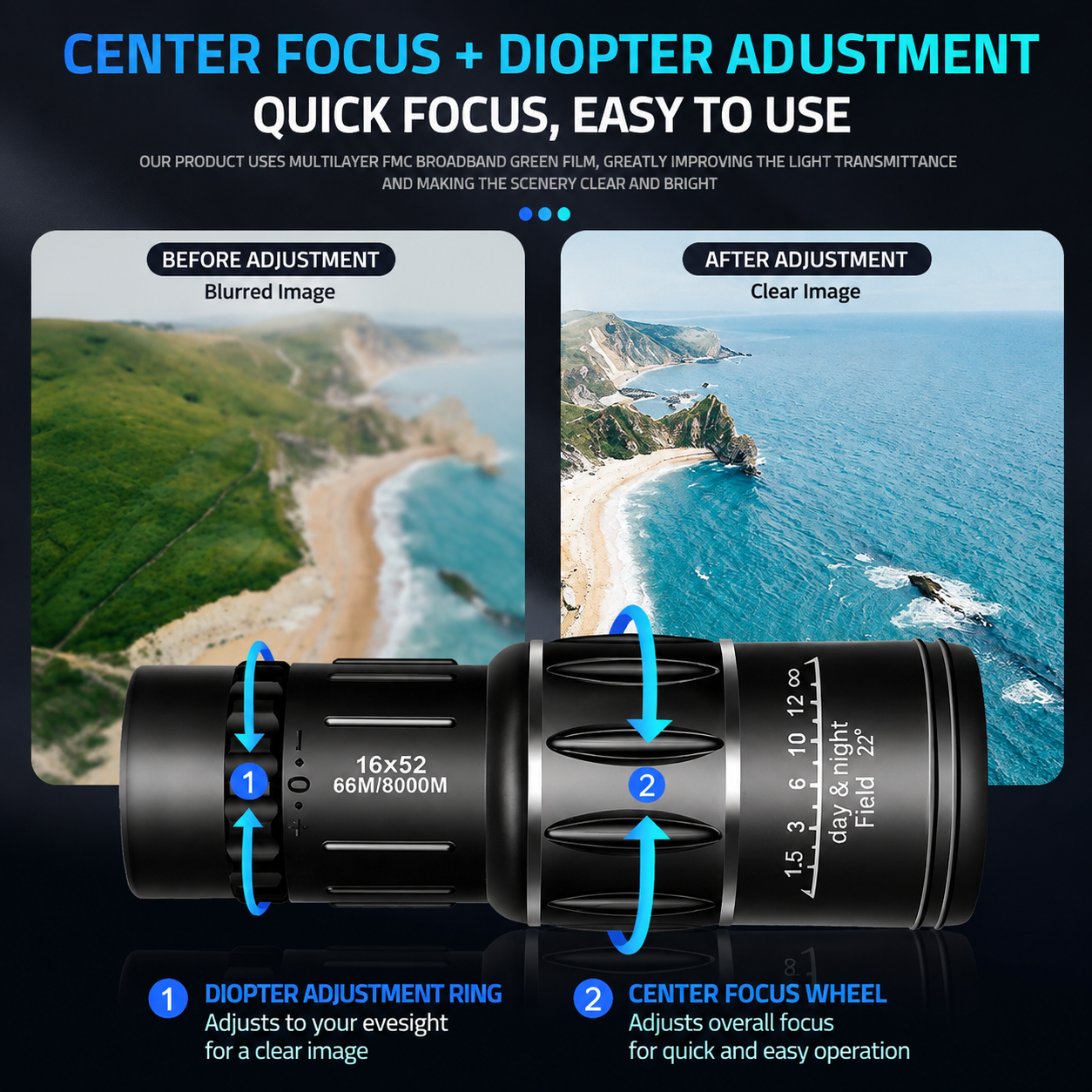 16x52 Compact Monocular Telescope with Zoom for Wildlife Viewing & Outdoor Travel