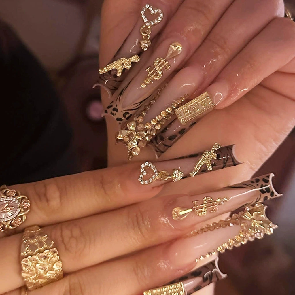 Gold 3D Floral French Long Almond Press-On Nails, 24-Pc Kit