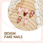 Brown Floral Almond Press On Nails – 3D Butterfly & Gold Accents