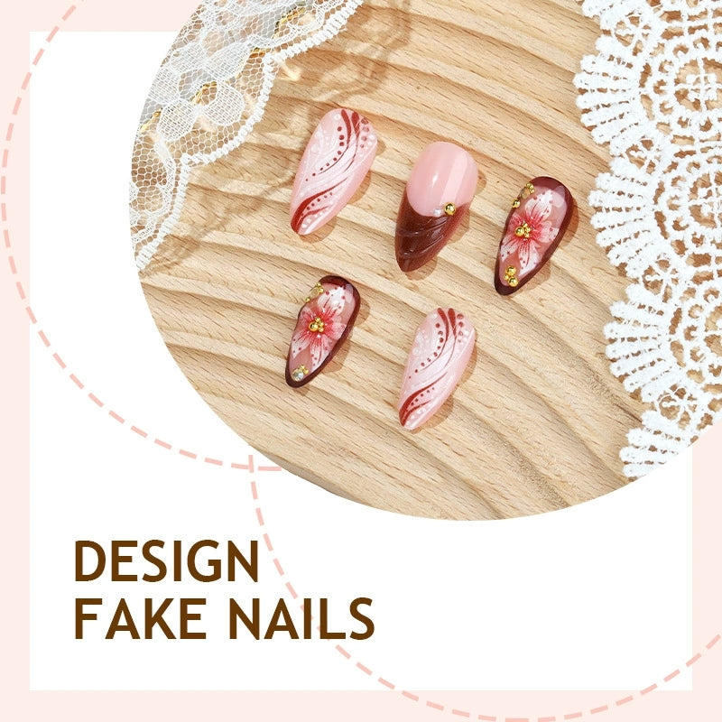 Brown Floral Almond Press On Nails – 3D Butterfly & Gold Accents